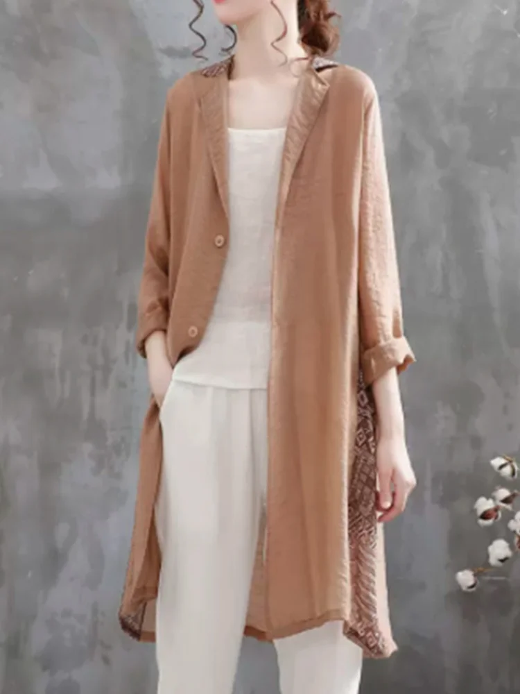 레트로 린넨 여성용 루즈핏 가벼운 롱 코트 중간 길이 자외선 차단 단색 출퇴근용 단추 디테일