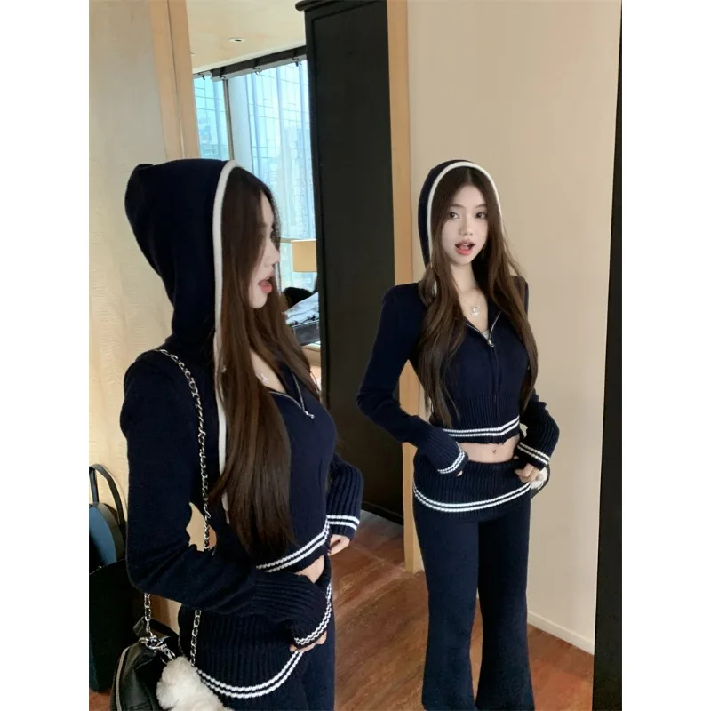 

2025 Womens Two Pieces Set Tracksuit Hooded Zipper Jacket + Elastic Waist Wide Leg Pants Korean Fashion Slim Ou
