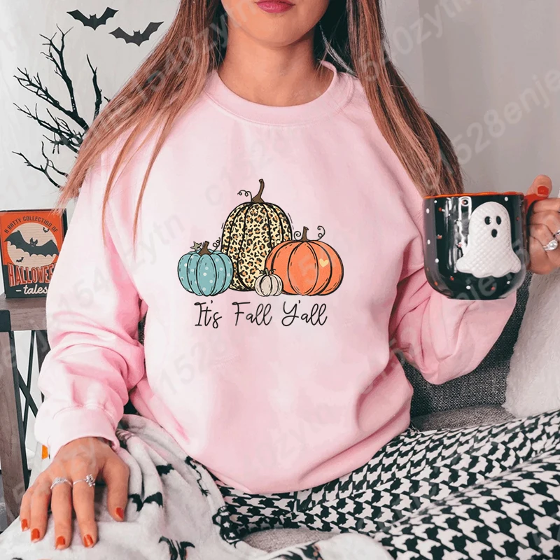 Leopard Pumpkin It's Fall Y'all Print Women Pullovers Autumn Winter Fashion Long Sleeve Sweatshirt Plus Size Hoodless Sweatshirt