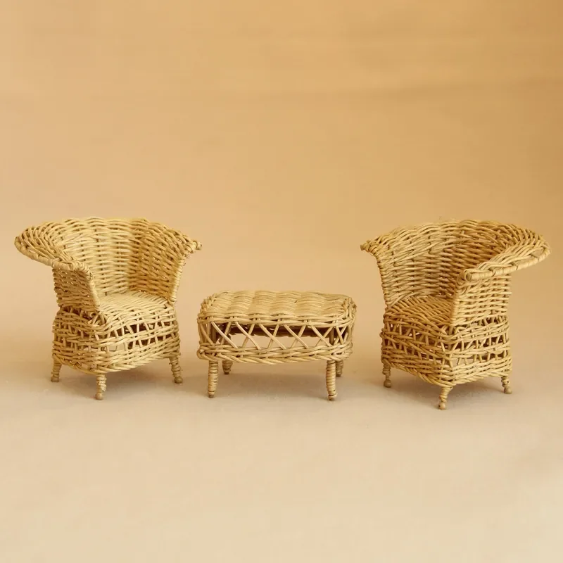 1:12 Handmade rattan furniture dollhouse playhouse miniature table and chairs mini dollhouse ornament