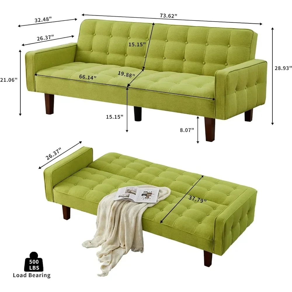 ##For Futon Sofa Bed, Modern Tufted Loveseat Sofa Sleeper, Linen 3 Seater Couch for Living Room, Bedroom, Apartment, Green& view 3