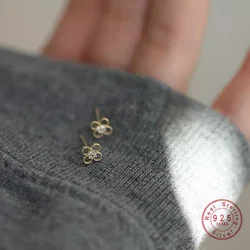 925 Sterling Silver Plated 14K Gold Zircon Flower Stud Earrings For Women Mini Exquisite Korean Jewelry