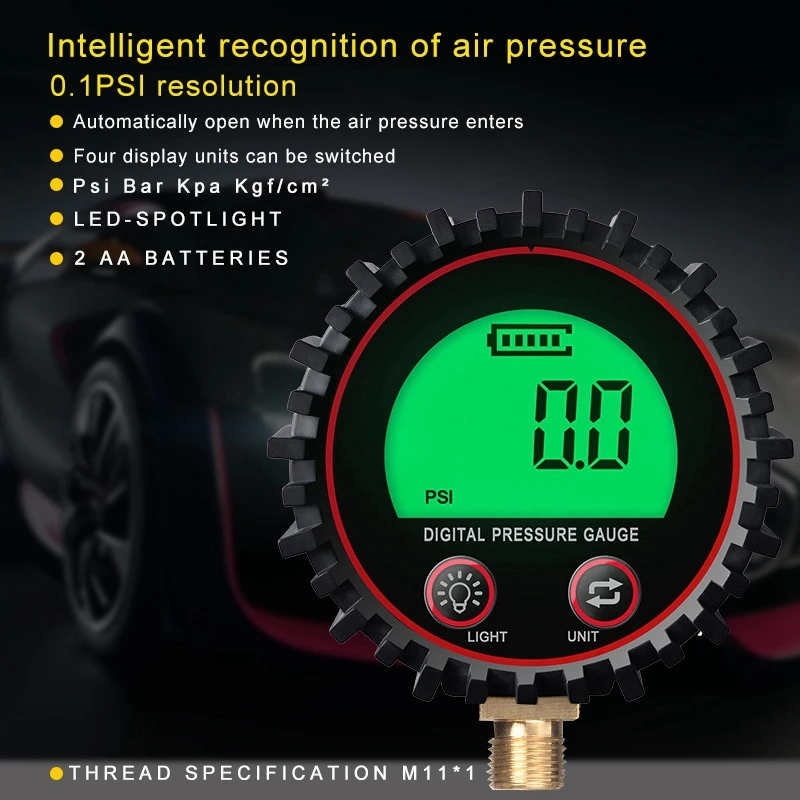 Digital Car Tire Air Pressure Inflator Gauge LCD Display LED Backlight Vehicle Tester Inflation Monitoring Thread