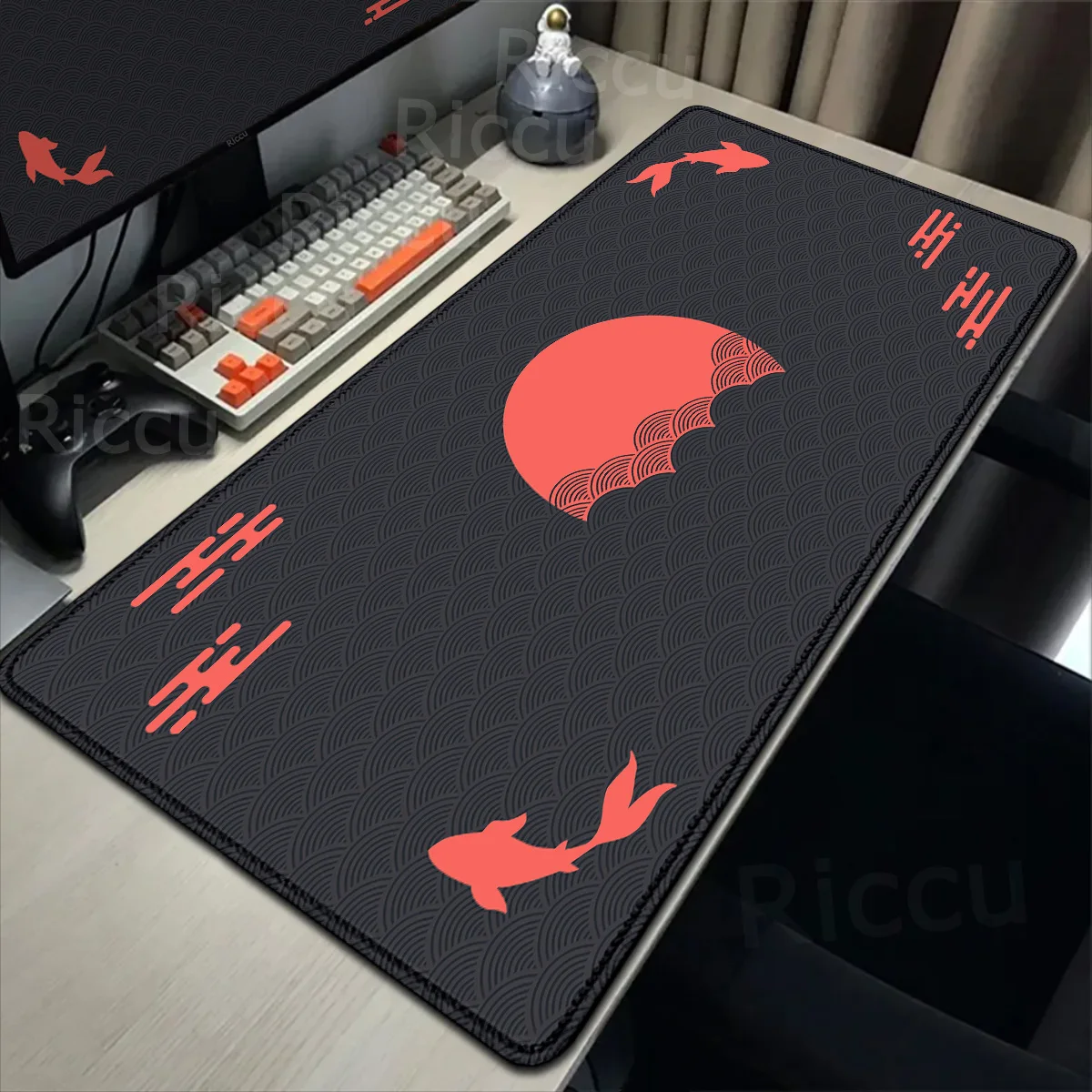 XXL Rising Sun Large Gaming Mouse Pad Japanese Koi Deskmat Black and Red Lock Edge Mousepad Yin-yang Fish Non-slip Keyboard Rugs