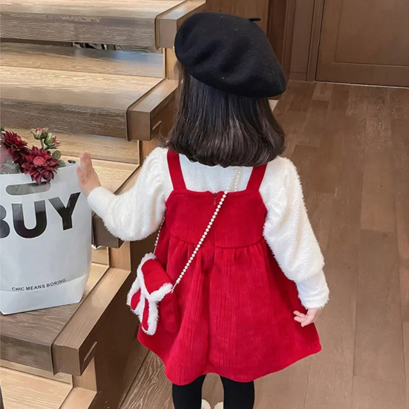 Girls Princess Red Dress Autumn Winter Christmas Children Suit Thickened Velvet Lined Dresses Baby 2 Piece Set Shirt + Sundress