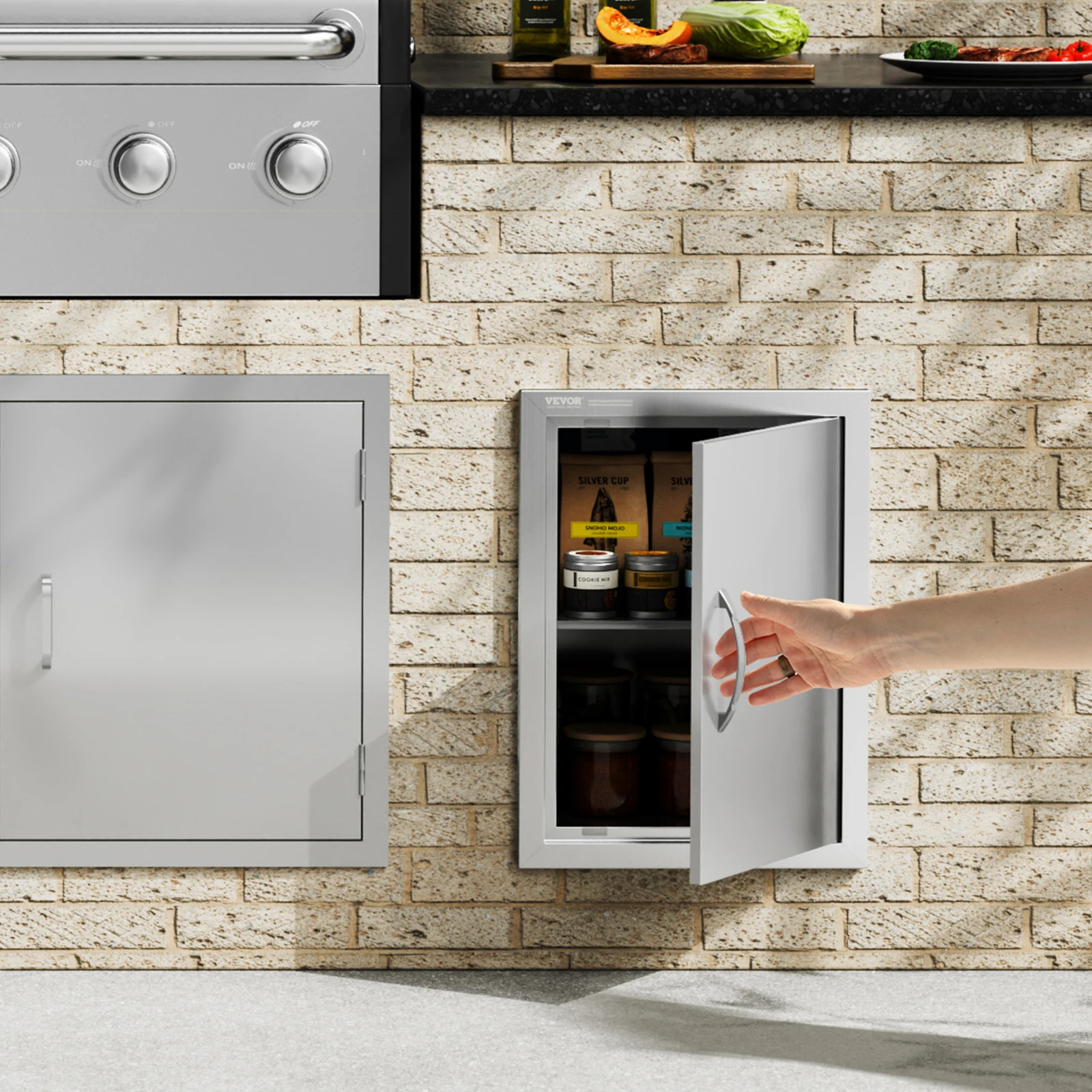 SucceBuy Porta de acesso para churrasco, porta de montagem embutida de aço inoxidável, porta vertical de parede com alça embutida, estação de grelhar, gabinete externo