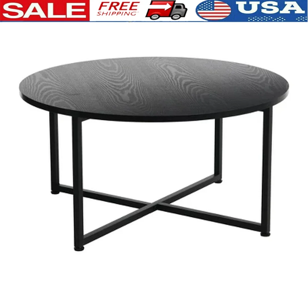 

Modern Round Coffee Table Black Oak Iron Frame Particle Board Top 31.5 Inch Diameter Minimalist Design Living Room Furniture