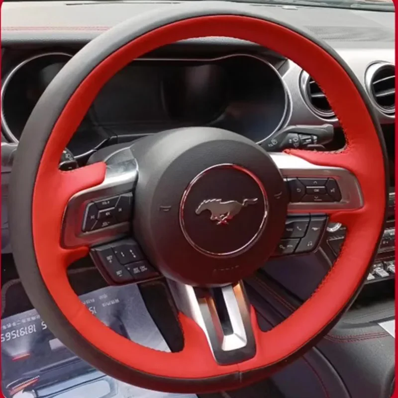 

Сшитый вручную нескользящий черный, красный чехол на руль из натуральной кожи для Ford Mustang Mustang GT 2015-2020, автозапчасти
