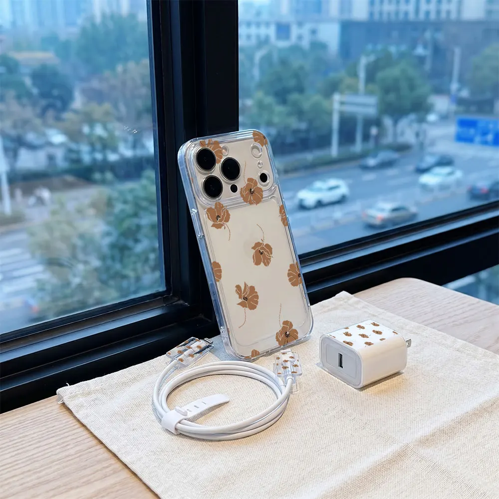 

Retro Poppy Phone transparent Case + Charger Cable Protector Set for iPhone For IPhone 17 16 15 14 13 pro max