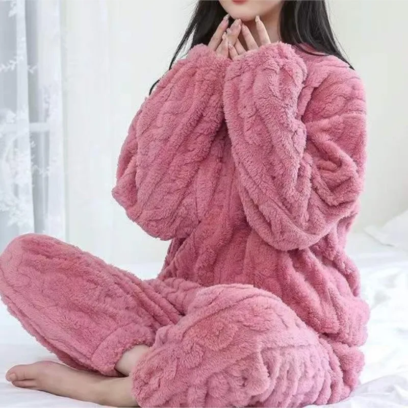 

Осенне-зимний комплект женской домашней одежды: свободные пижамы из толстого флиса с длинным рукавом и эластичными брюками на резинке, комплект из двух предметов