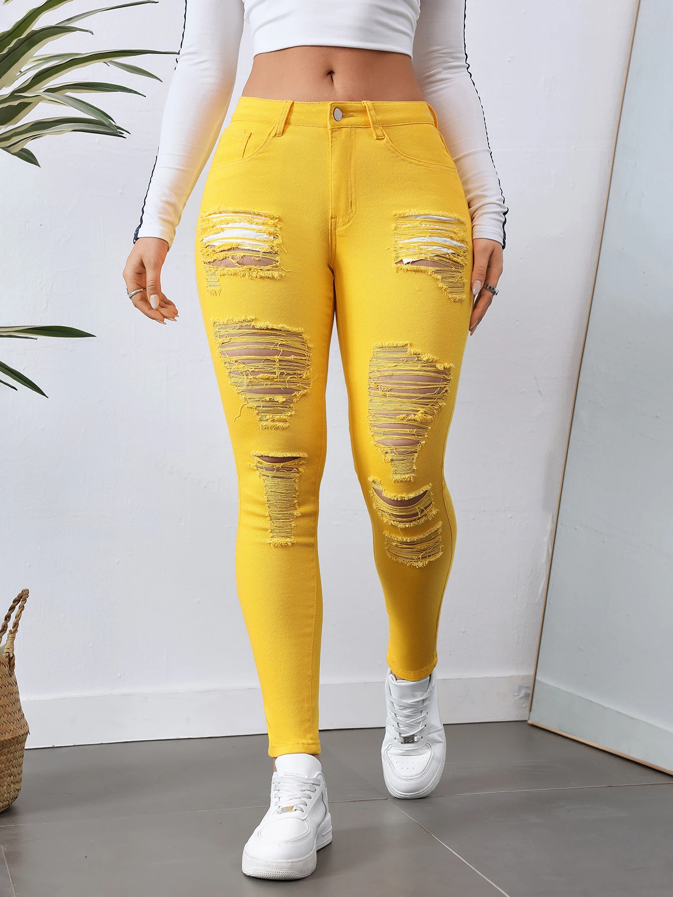 

Women's ripped jeans, tight elastic solid color leggings, comfortable and versatile clothing for all seasons