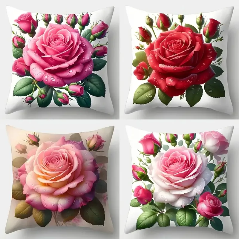 Elegant Watercolor Rose Pillow Covers, Pink Red Gradient Floral Art Throw Pillow Cases, Home Decor Cushion Covers for Couch Bed
