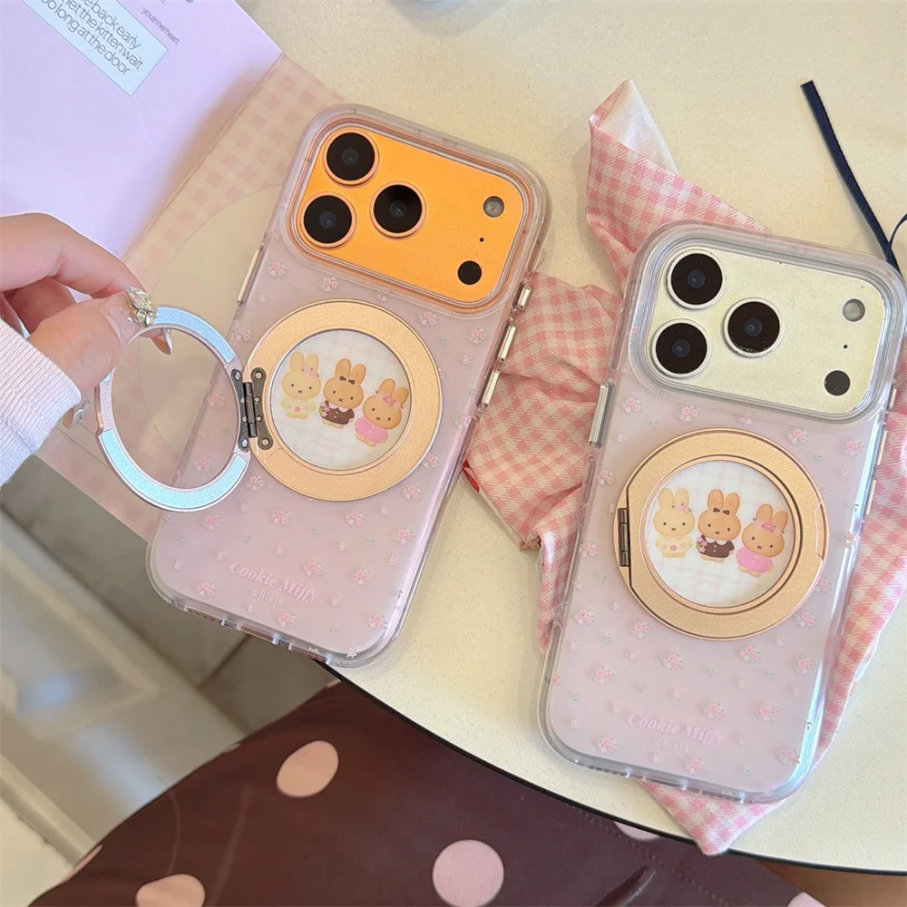 

Ins Small Flower Miffy Rabbit kawaii Phone case for iPhone 17 16 15 Pro 16 Pro Max 17 Pro Cover With Rotate Stand Cute Fundas