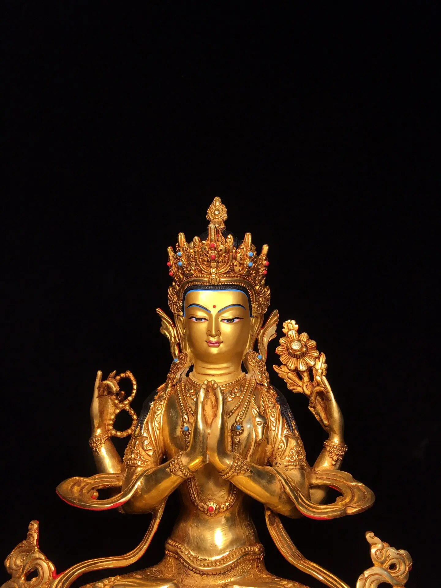 Brass gilt painted face drawing gem Tara four arms Guanyin Bodhisattva Buddha home incense case antique ornament 33 cm
