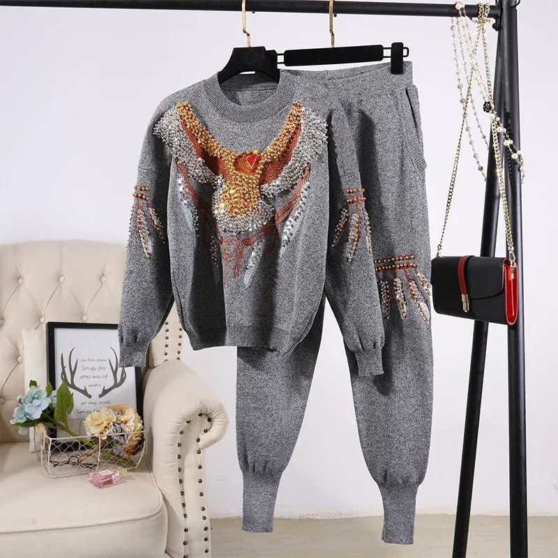 Jesienna moda Czarny dres z dzianiny Kobiety 2szt Frezowanie Orzeł Pullover Sweter Długie spodnie ołówkowe Luźne stroje z dzianiny Kobieta