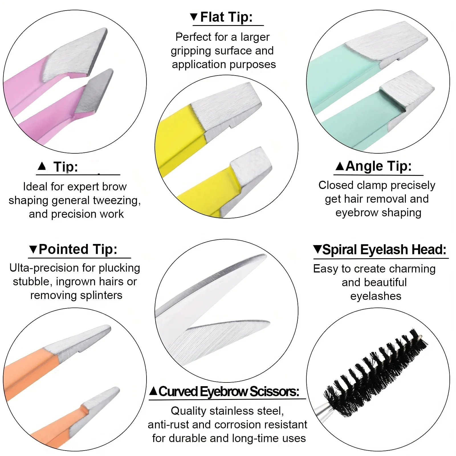 Conjunto de pinças de sobrancelha femininas, 6 peças, ferramentas de precisão de aço inoxidável com escova de cílios e tesoura curvada, kit de remoção de pelos faciais