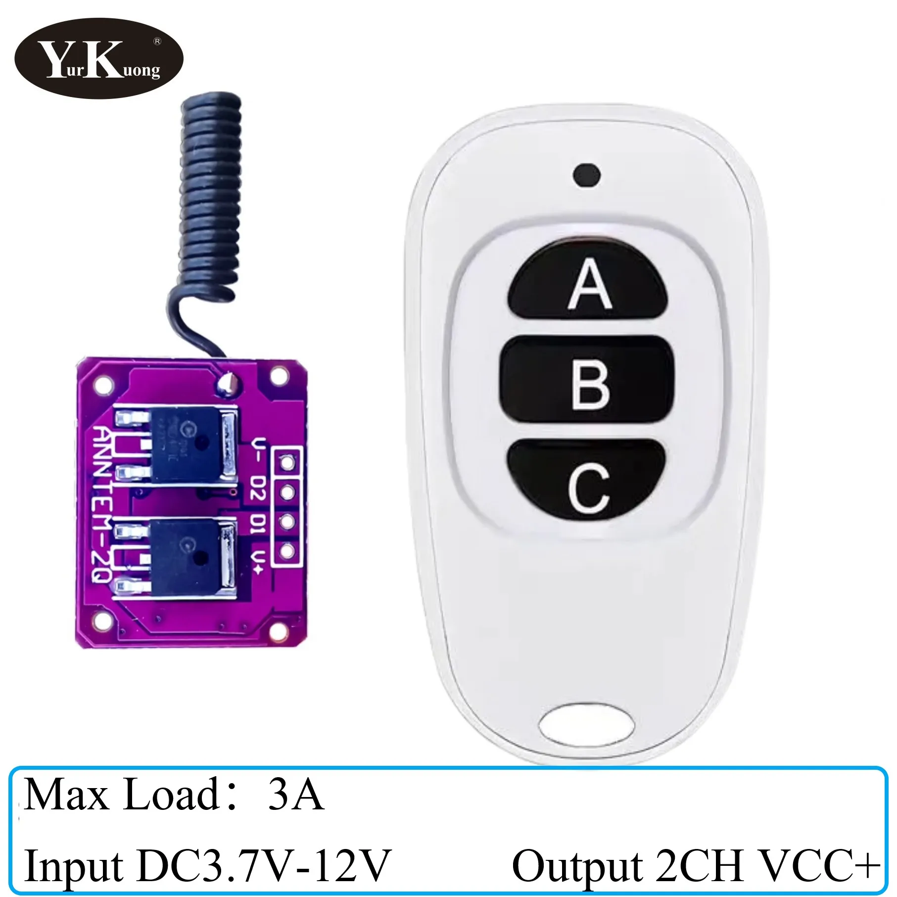

2 channel mini remote control switch DC 3.7V 4.5V 5V6V7.4V9V12V14V Wireless Mos 3A Tiny 2Gang RF Receiver for LED