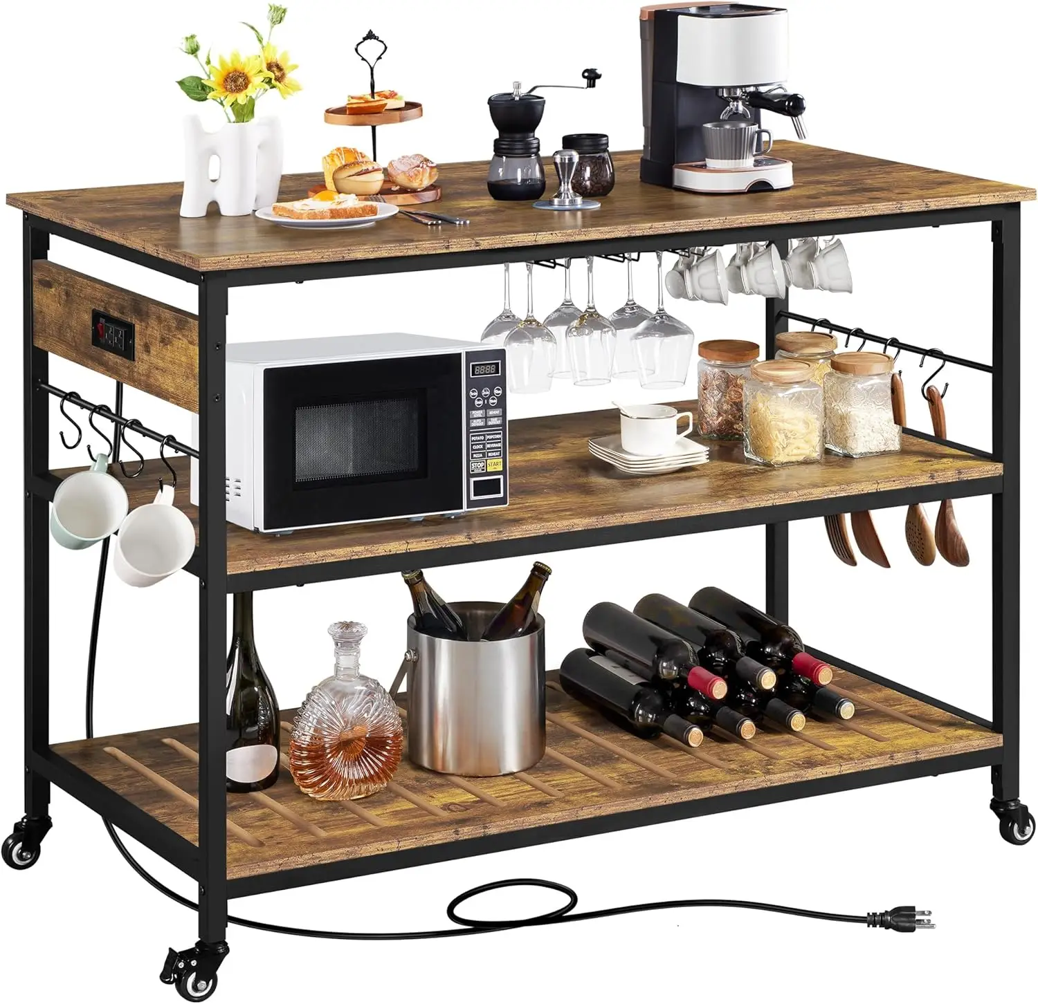 Kitchen Island with Power Outlet, Rolling Kitchen Cart with Wine Rack & Glass Holder & Hooks, Coffee Bar Microwave Sta