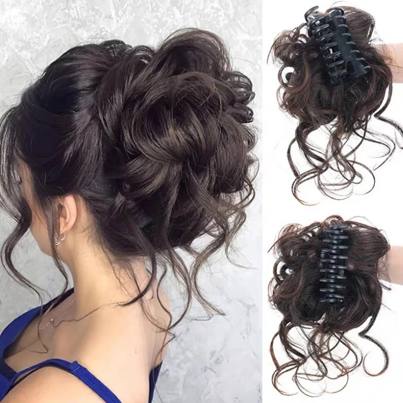 1pc Elastic Scrunchy False Hair Pieces For Women Hairpins Synthetic Hair Bun Chignon Messy Curly Gripping Clip Hairpin