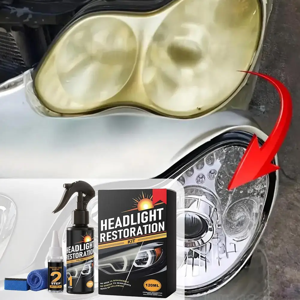 2-Step Car Headlight Restoration Kit Auto Headlight Cleaner Polish Spray Remove Yellowing & Oxidation Restore Foggy Headlights