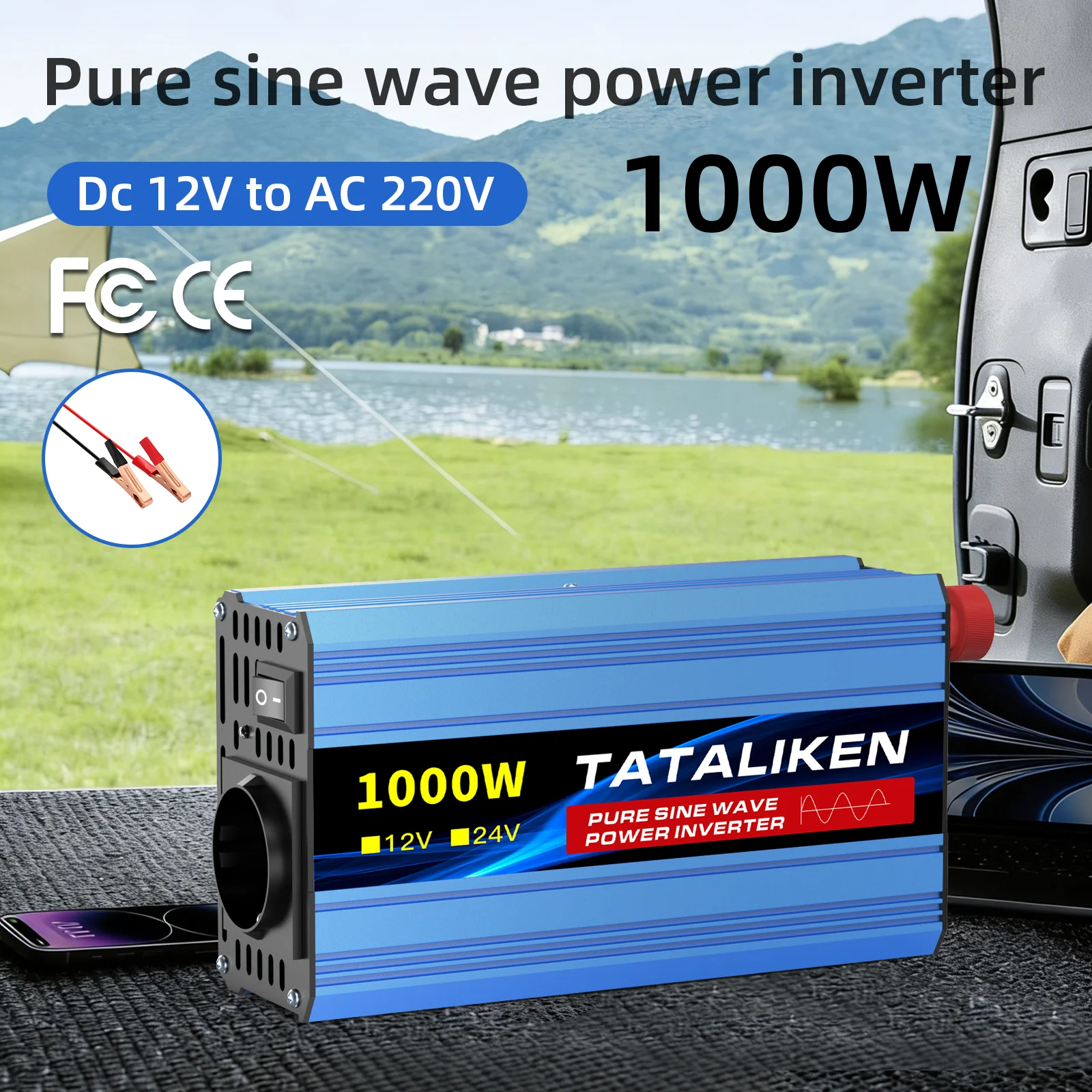 1600W Pure Sine Wave Power Inverter 12V to 220V 50Hz with Digital Display & Temperature Control Cooling Fan EU Plug