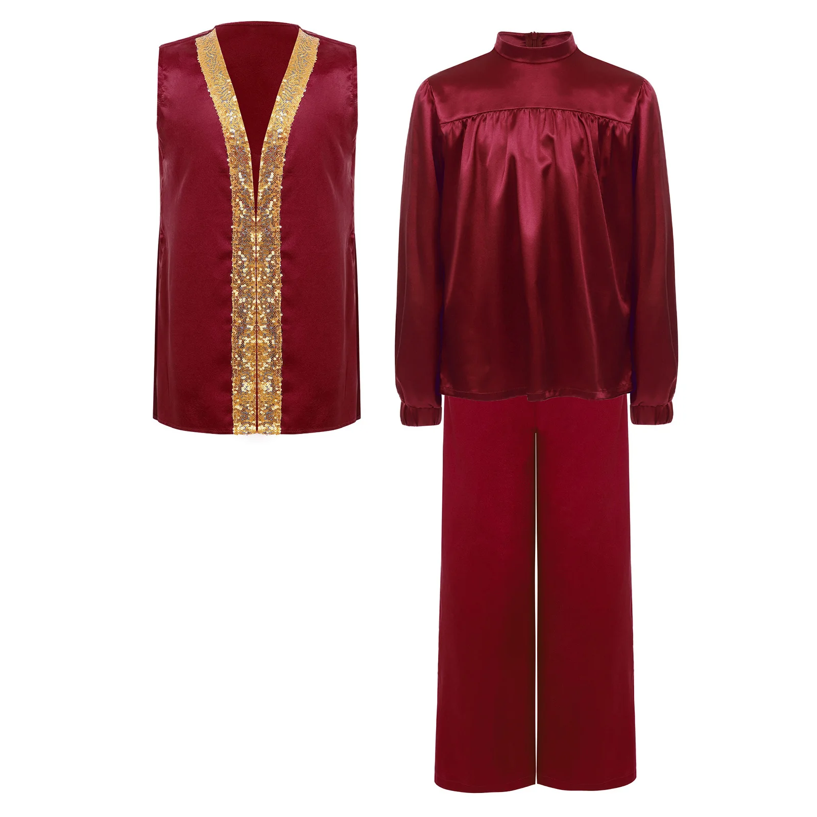 Trajes de adoración litúrgica para baile de alabanza para chico, conjunto lírico para niños, Top de satén con cremallera de manga larga, bata y pantalones divididos en los lados sin mangas