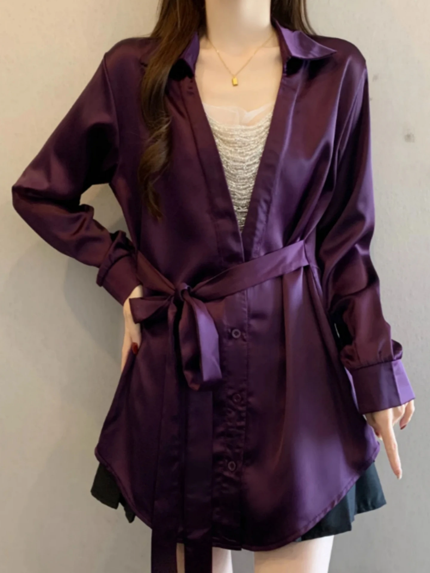

Purple Satin Long Sleeve V-Neck Shirt Women's Spring Autumn plus Size Slimming Midi Shirt with Belt Waist Cinching Top