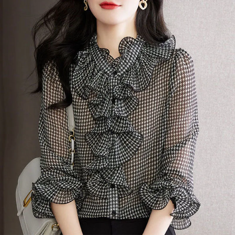 Vintage Fashion Women Black Chiffon Blouses Office Lady Elegant Splicing Ruffles Houndstooth Cardigan Women's Long Sleeve Shirt