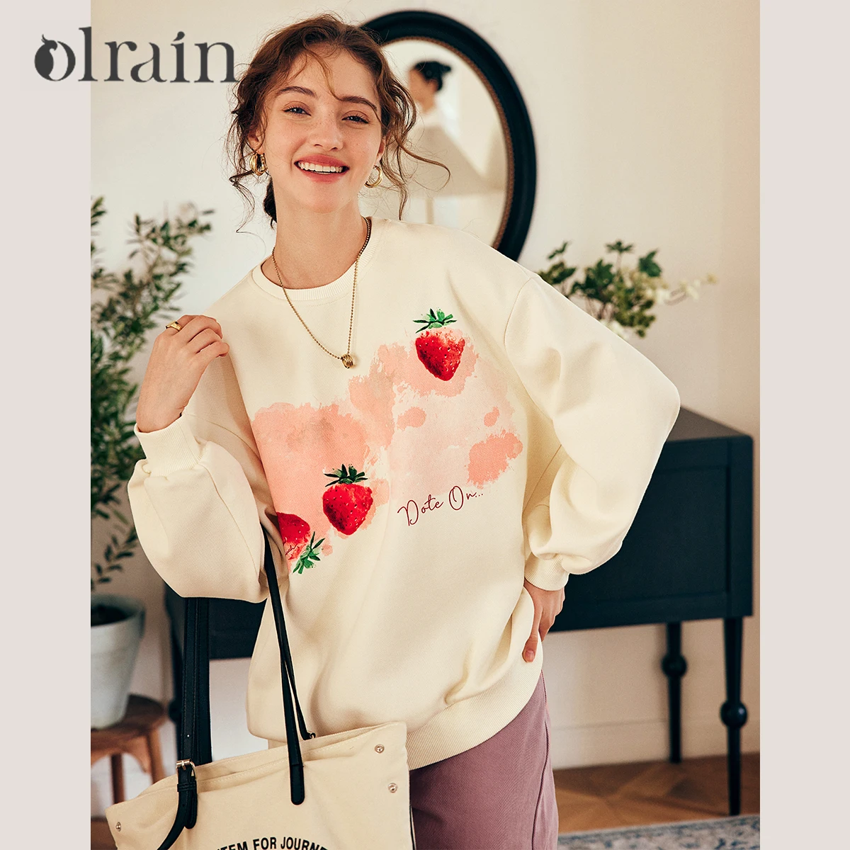 

OLrain French Graphic Women's Sweatshirt 2025 Autumn Winter Crew Neck Loose Lazy Long Sleeve Fun Printed Top Woman O23CR69653
