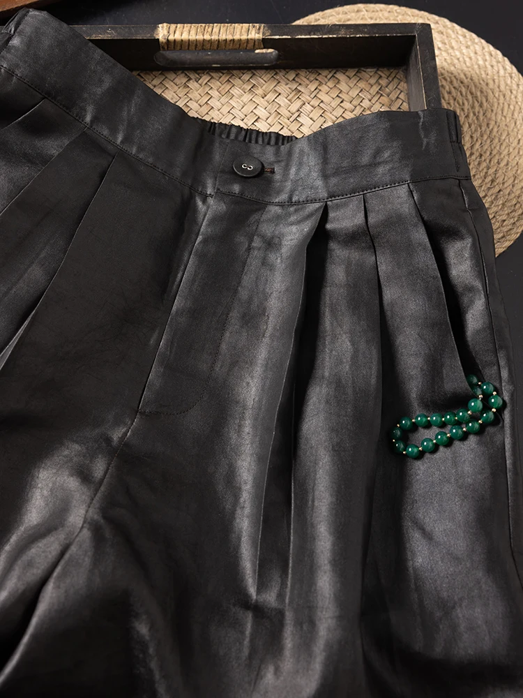 Moda donna Autunno Abbigliamento Nuovo Cinese 100% Seta di Gelso Naturale Gambiered Guangdong Garza Nero Casual Pantaloni a gamba dritta