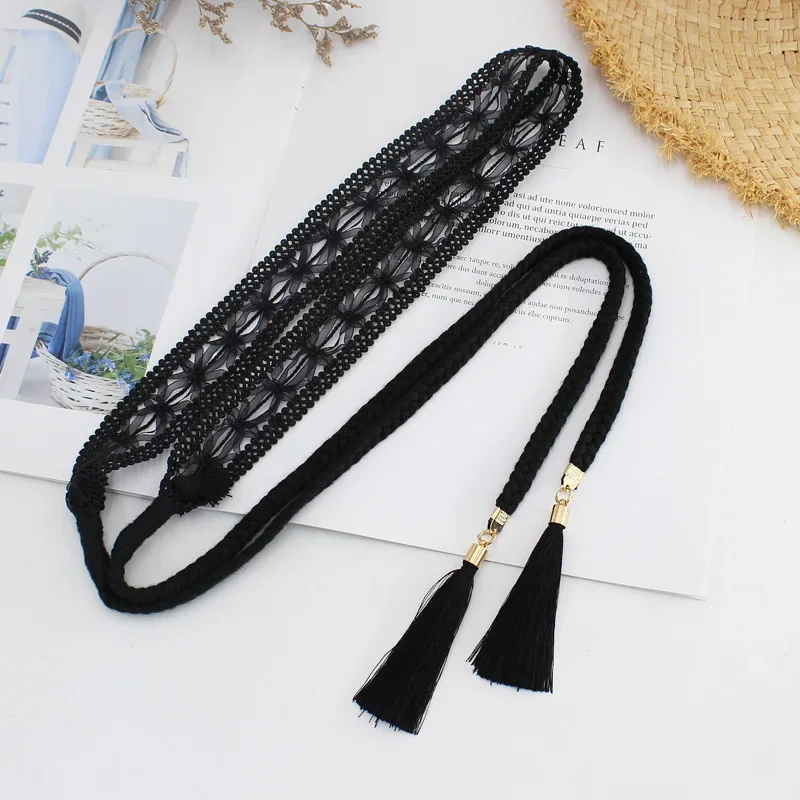 Fashion Women Solid Color Braided Tassel Belt 2020 New Boho Girls Thin Waist Rope Knit Belts for Dress Waistbands Accessories