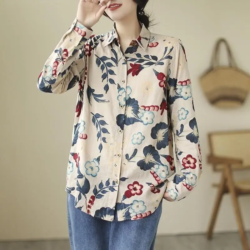 Spring and Autumn Women\'s Cardigan Square Neck Long Sleeve Button Flower Plant&Flowers Loose Vintage Fashion Casual Shirt Tops