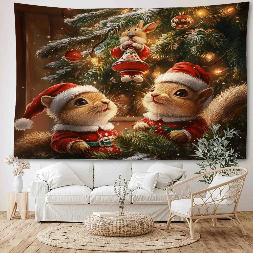 

Cute little bunny wearing Christmas clothes welcomes Christmas under the Christmas tree with background decoration tapestry