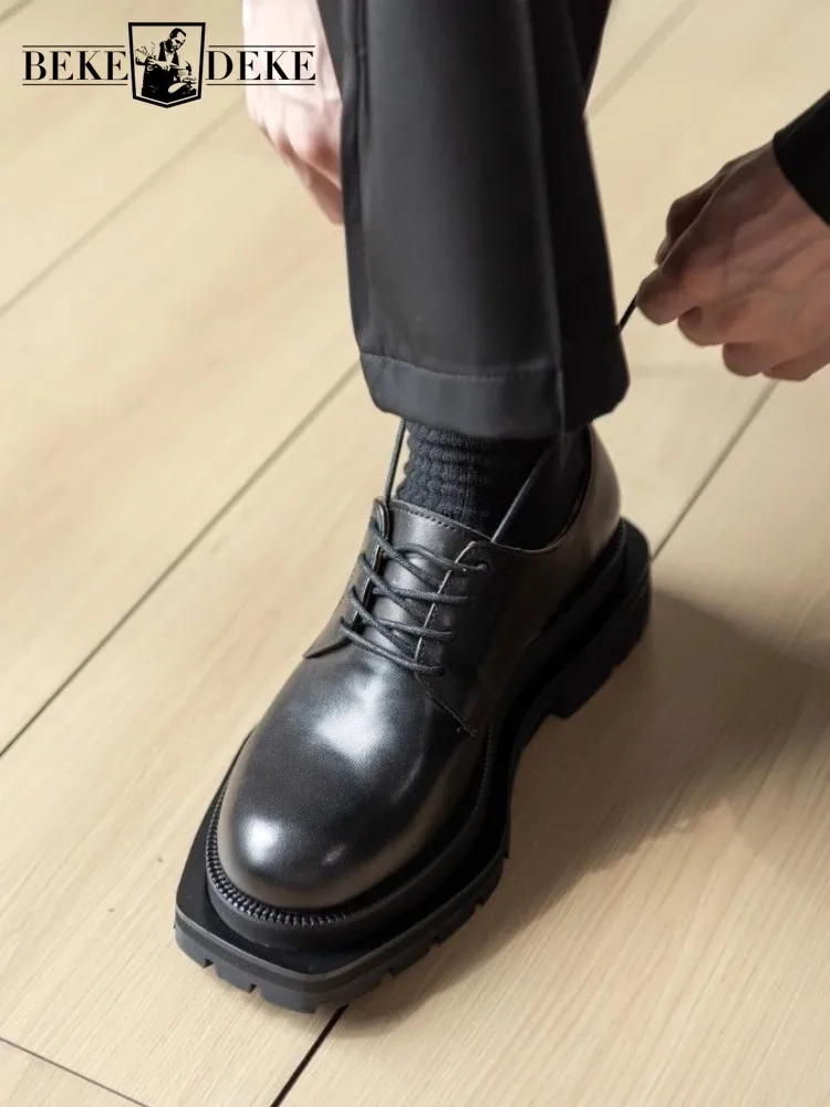 

Office Men Business Genuine Leather Dress ShoesLace Up High Quality Cowhide Banquet Men Fashion Height Increasing Derby Shoes