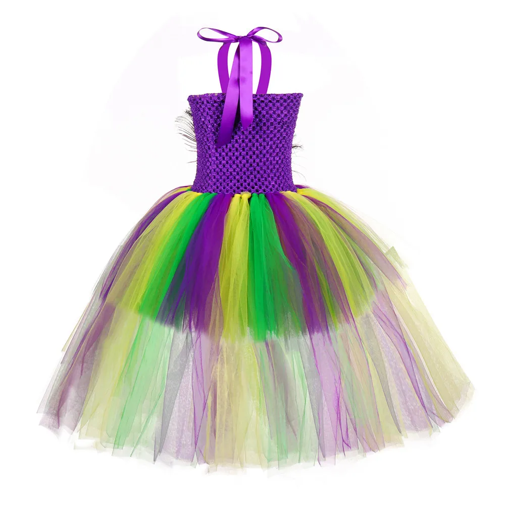 

Girl Colorful Peacock Train Tutu Dress Sequin Feather Mesh Kids Princess Stage Dance Birthday HolidayCarnival Performance Outfit