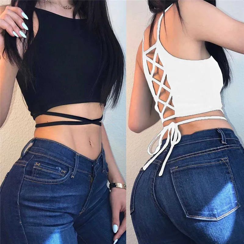 

Women Sexy Tank Top Sleevelsess Backless Short Cropped Top Slim Spaghetti Strap Streetwear New Summer Black Lace Up Camisoles