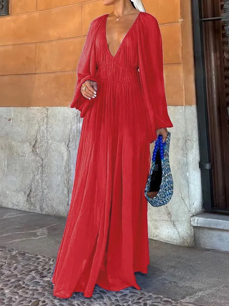 Abito da festa plissettato con scollo a V profondo sexy Abito lungo Boho a vita alta solido primaverile da donna Nuovo abito maxi con orlo a maniche lunghe autunnale