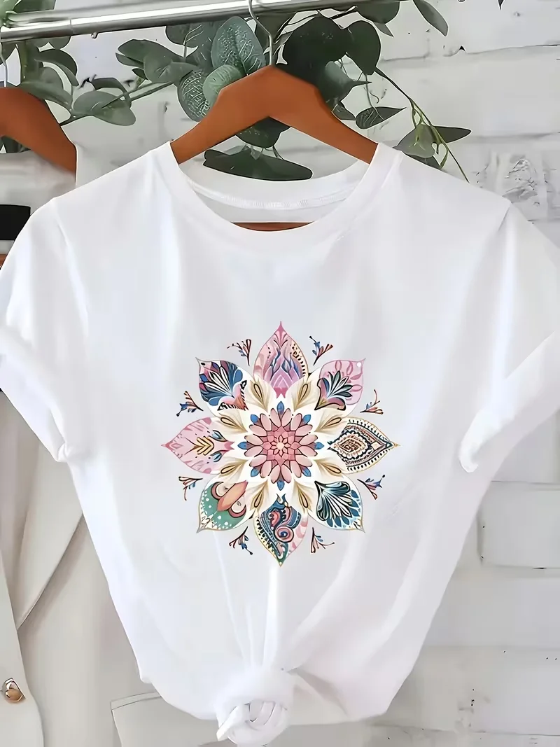 Vintage Mandala Floral Graphic T-Shirt, Boho Casual Crew Neck Tee,Spring Summer Top for Women, Mother's Day & Birthday Gift