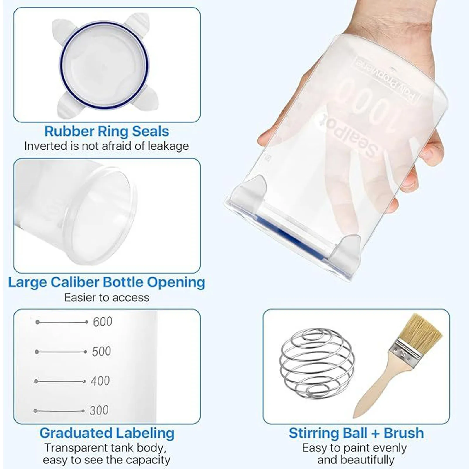 مجموعة حاويات الطلاء 4 قطع 1000 مل كوب طلاء شفاف محكم مع فرشاة طلاء كروية خلط لإعادة طلاء البقايا #6