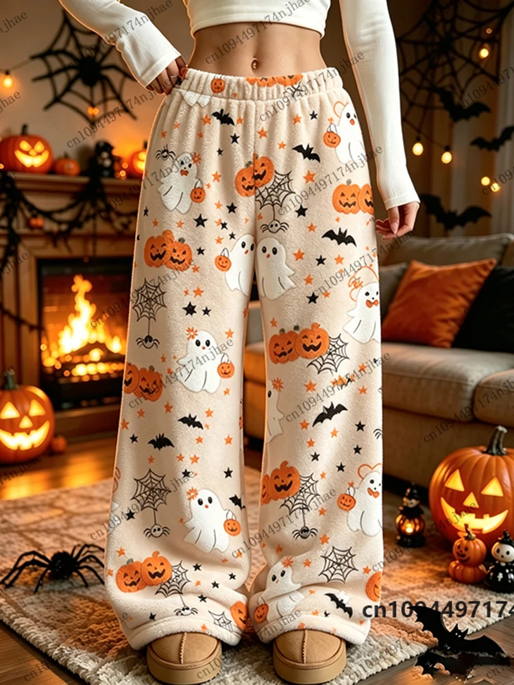 Autumn Winter Halloween Ghost Pumpkin Bat Print Women‘s Pajama Trousers Casual Flannel Pajama Pants Oversized Couple Long Pants