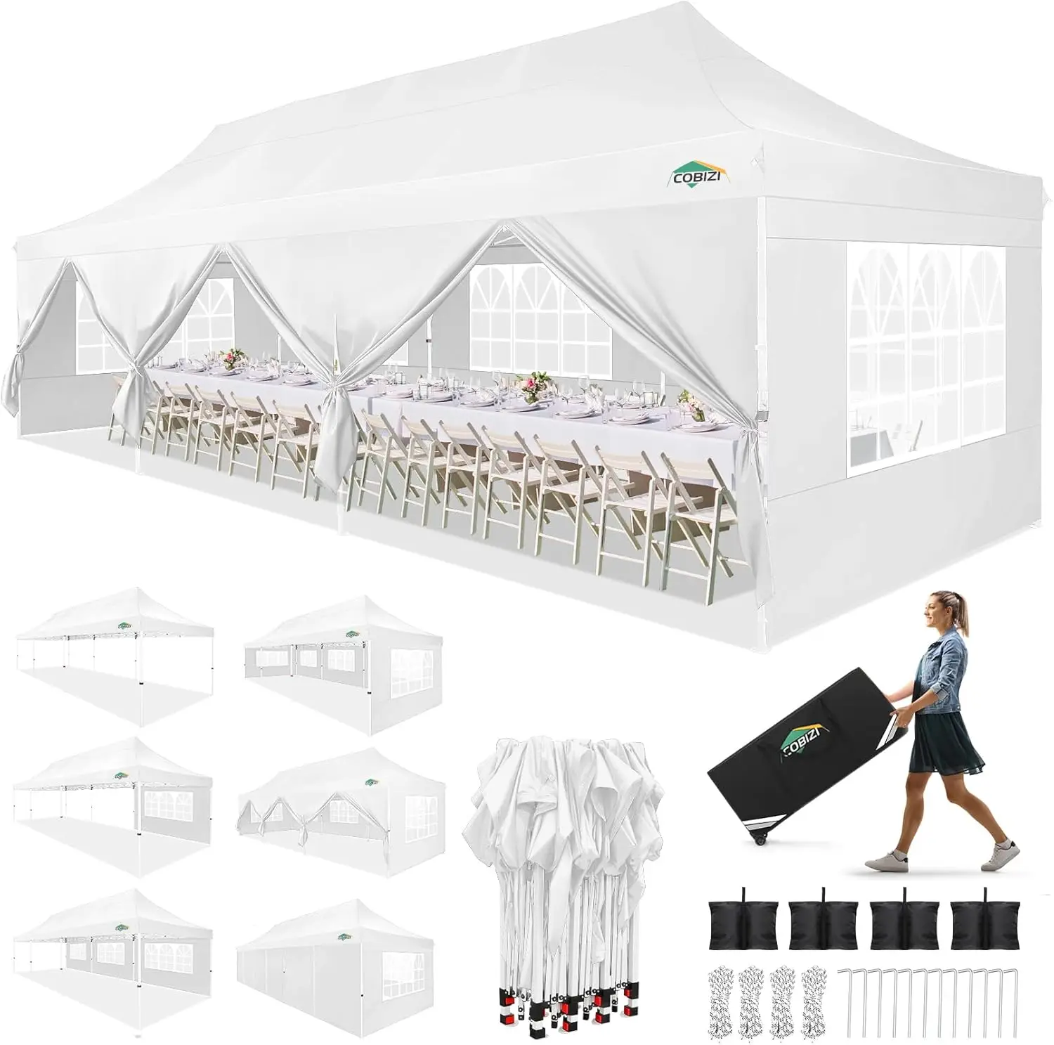 

10x30 Pop up Canopy with Roller Bag & 8 Removable Sidewalls, Waterproof and Instant Shelter UV50+ Outdoor Gazebo with 4 Sandbags