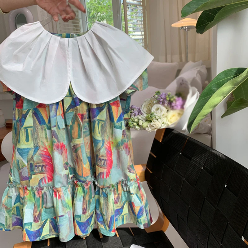 Girls' Korean Style Summer Dress Sweet Oil Painting Dress Graffiti Printing Fashion  Girls' Princess Party Dress Skin-friendly