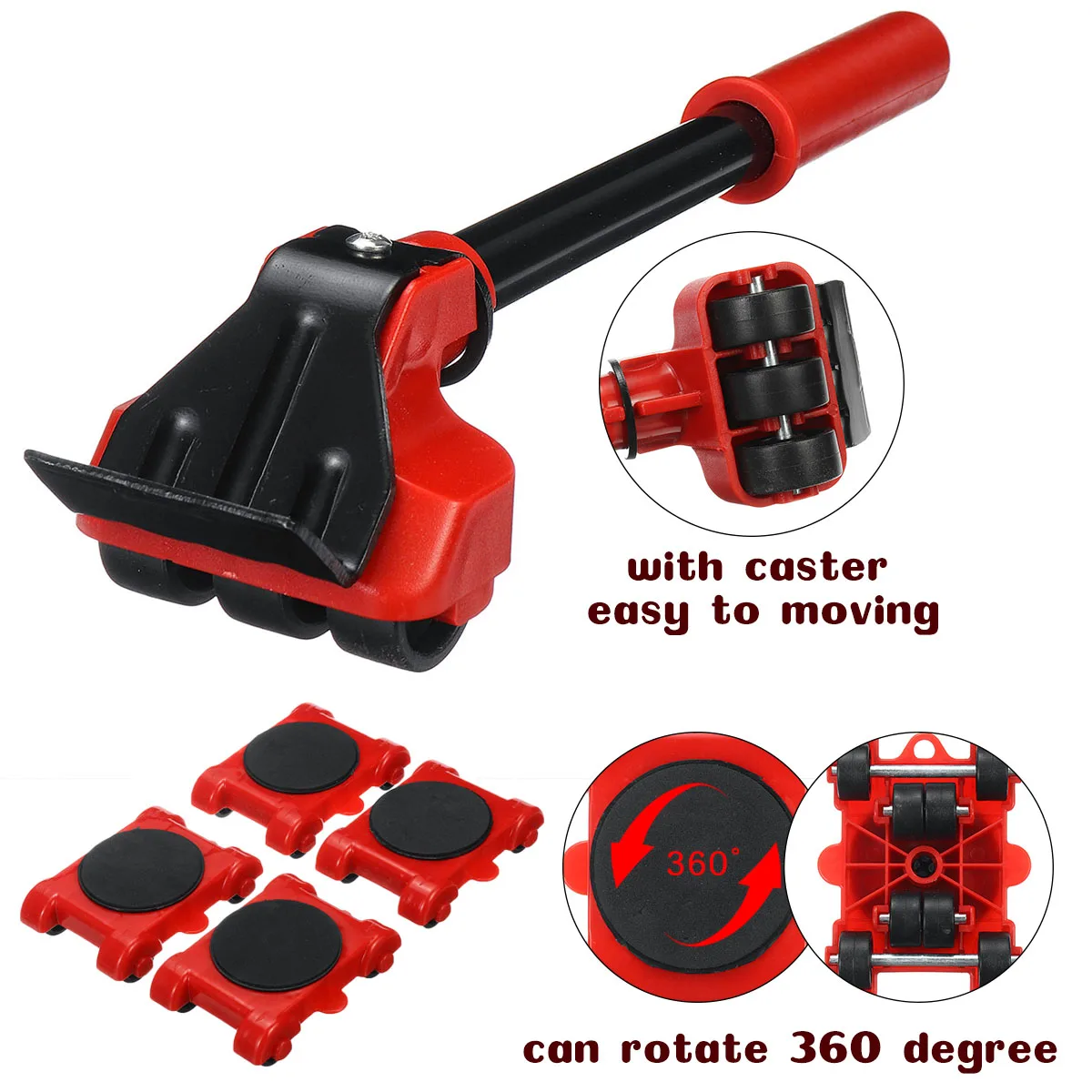 5PCS Furniture Lifter Transport Tool Furniture Mover Set 4 Move Roller 1 Wheel Bar for Lifting Moving Furniture Helper