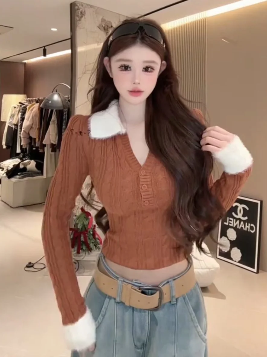 Maglione lavorato a maglia coreano Sle Long Sve da donna autunno inverno colletto con patta rosso con cintura ort Top caldo e confortevole da indossare ogni giorno