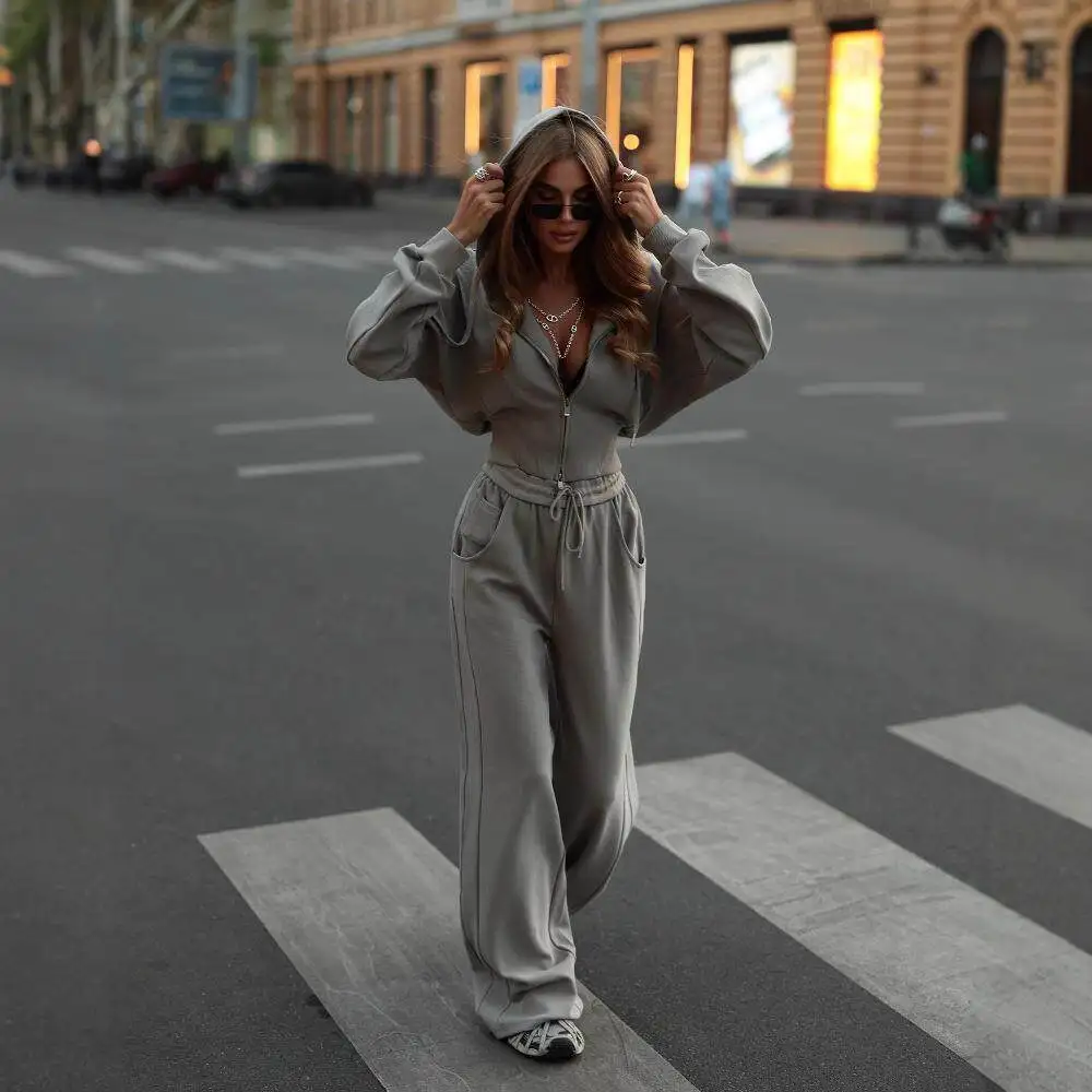 

Casual Zipper Hooded Pure Color Sweater Belted Waist Trousers Two-Piece Set Street Sle Low Waist PVC Fabric Mid-Year Women