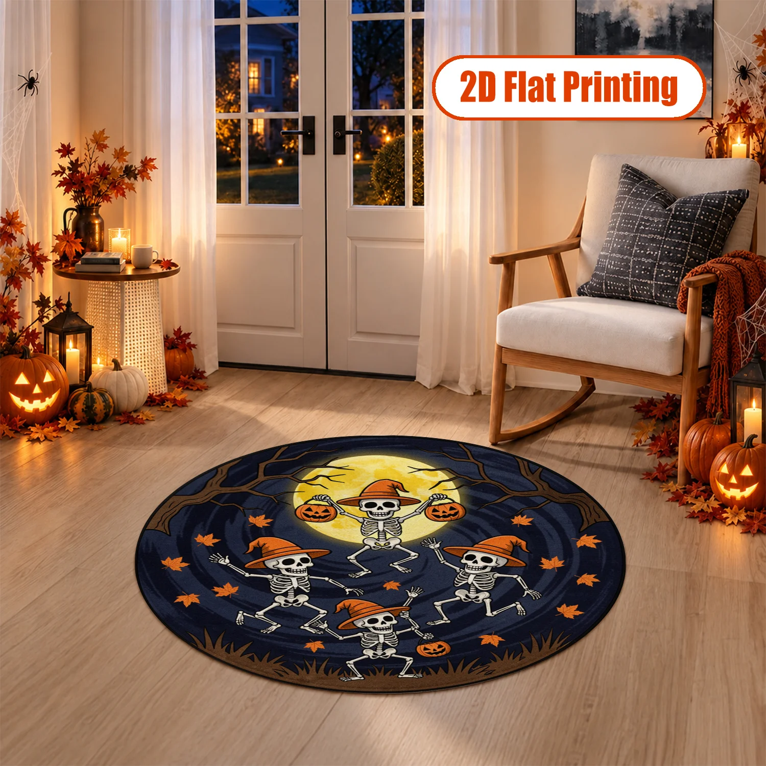 Dancing Skeletons Pumpkins Moon Round Velvet Rug Machine Washable Living Room Bedroom Entryway Halloween Thanksgiving Black Friday Cyber Monday Christmas New Year