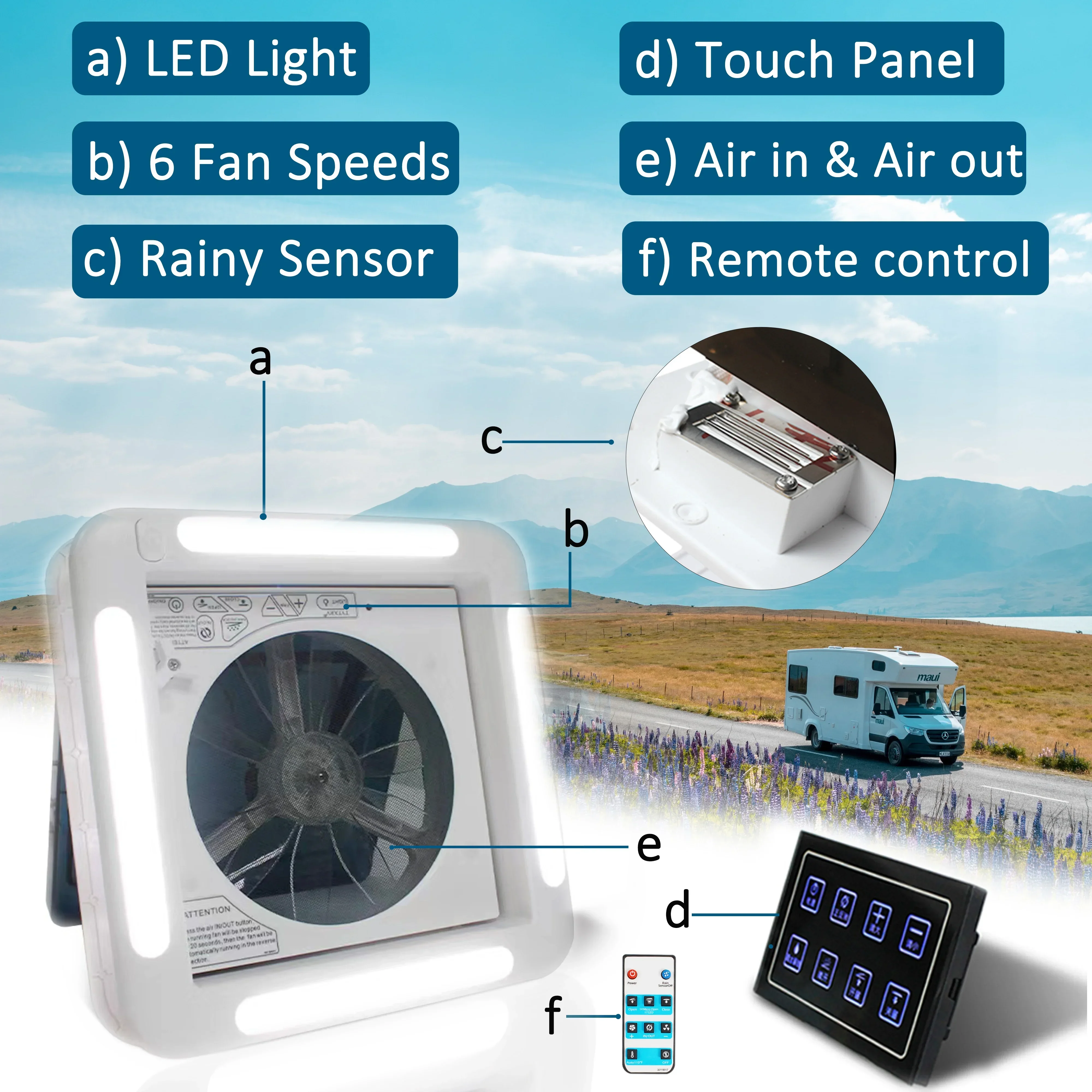 For  RV Caravan 12V 16 inch Roof Vent Fan with LED light & Rainy sensor RV Roof Vent Electric Ventilation Fan