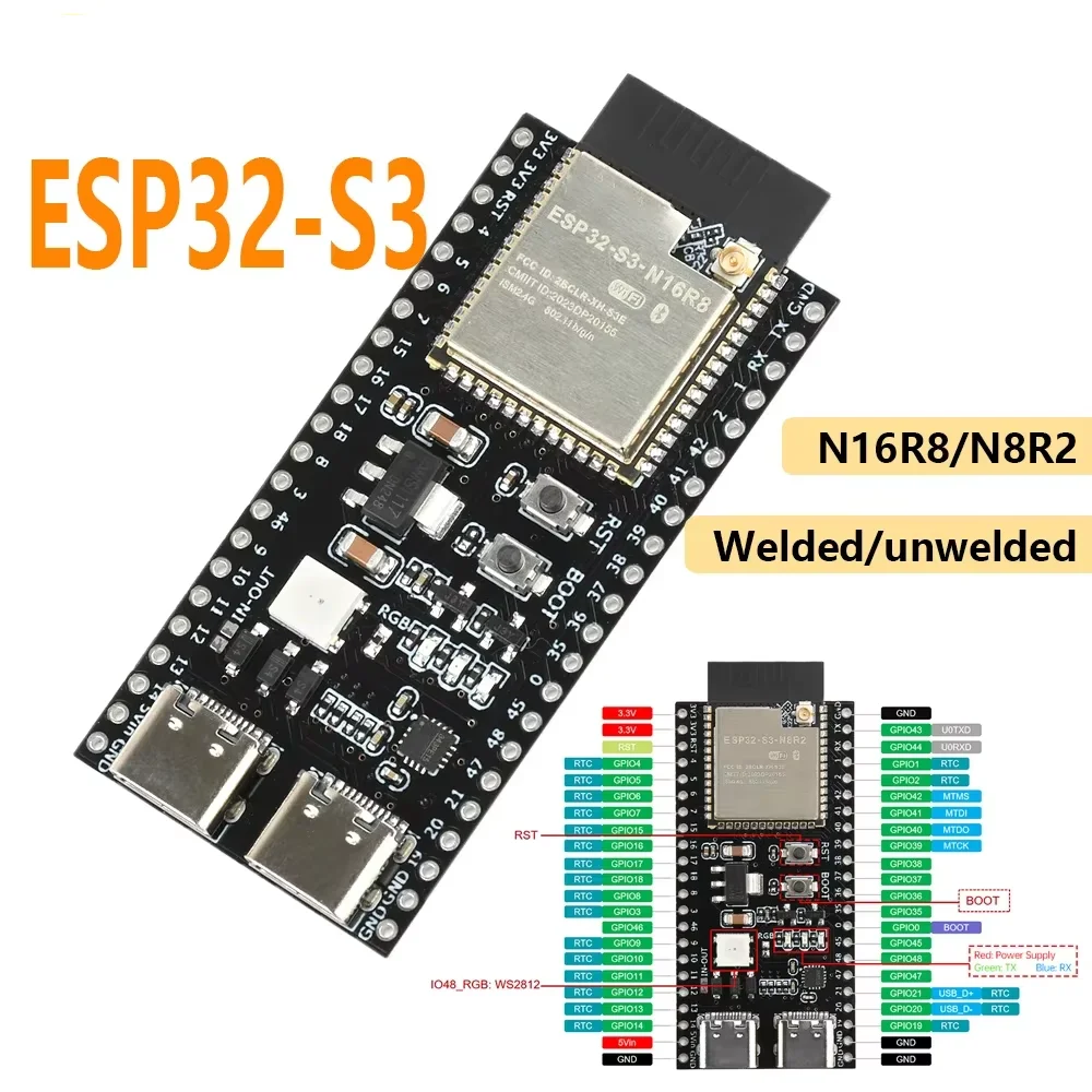 ESP32-S3-DevKitC-1 Entwicklungsboard mit erweitertem 2,4G WLAN-BT-Modul für Arduino MCU ESP32 S3 16MB FLASH N16R8 Dual Type-C 44Pin