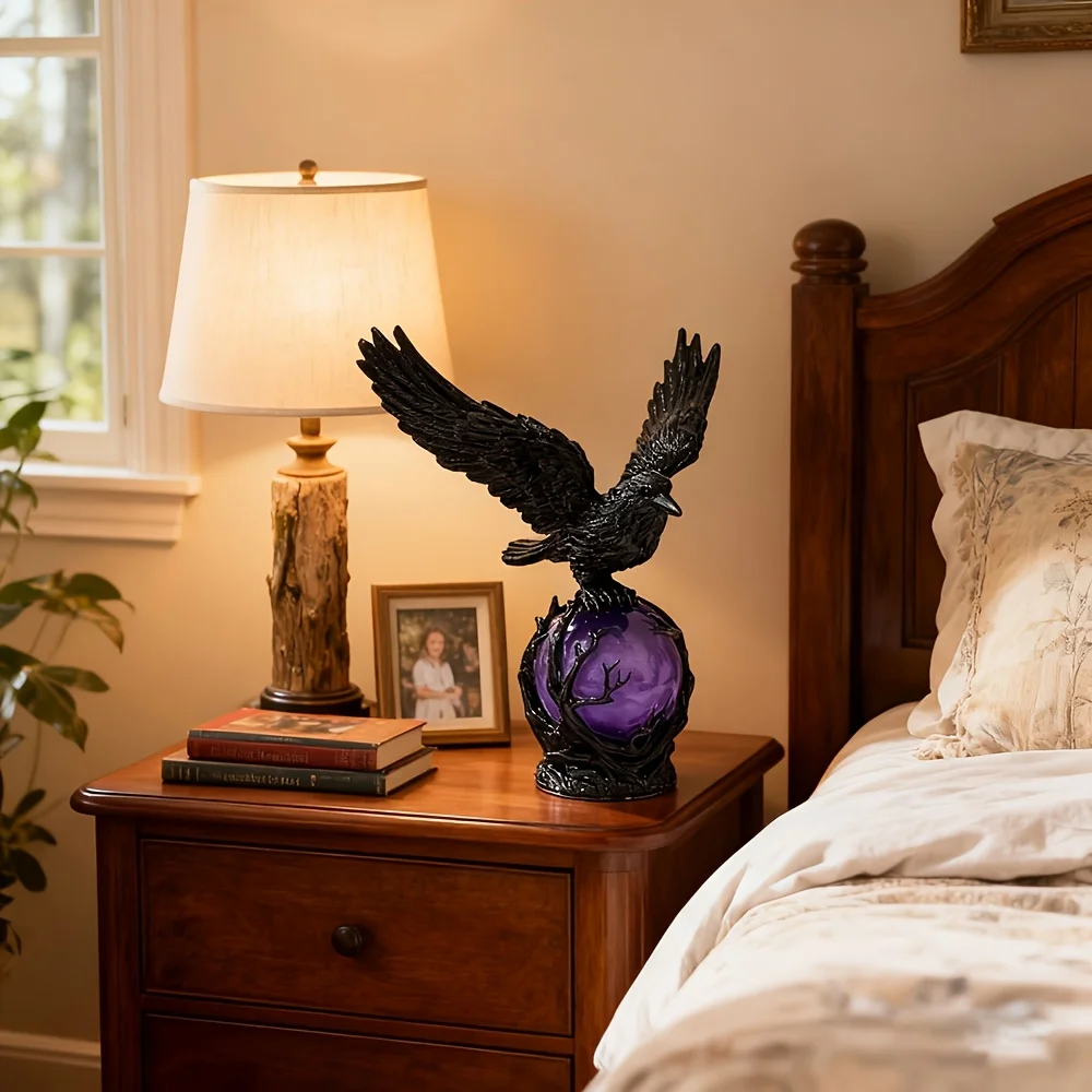 Mysterious Raven Moonlight Lamp – Gothic-Style Perched Raven on Glowing Orb, Soft Ambient Night Light for Outdoor & Indoor Spaces, Ideal for Fantasy, Dark Academia, or Moody Home Decor in Bedrooms, Studies, and Offices – Thoughtful Gift for Enthusiasts of view 2