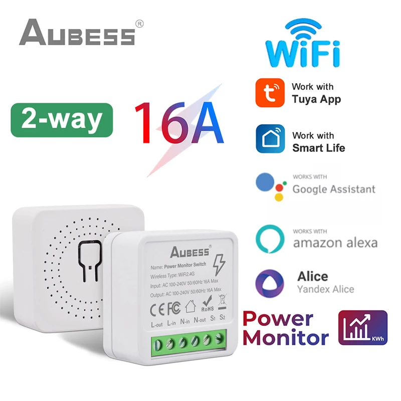 Tuya Smart WiFi Switch With Energy Monitor 16A 2-way Control Switch Mini Breaker Smart Life Control For Alexa Google Home Alice